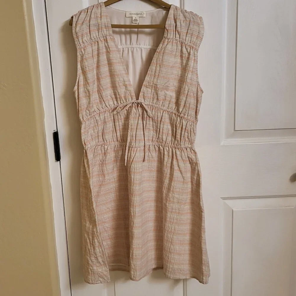 Treasure & Bond Shirred Mini Dress Ivory Honey Plaid Size Small NWOT